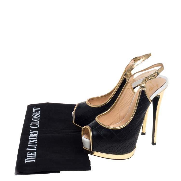 Pre Owned Giuseppe Zanotti Black / Gold Croc Embossed Leather Peep Toe  Platform Pumps Size 35