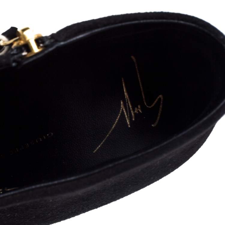 Pre Owned Giuseppe Zanotti Black Suede Block Heel Ankle Boots Size 38.5