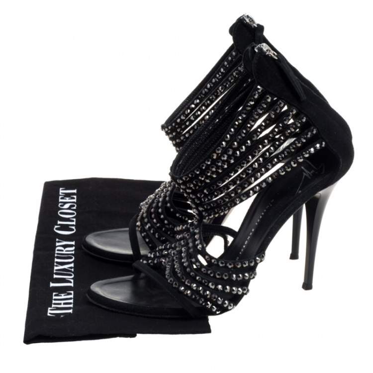 Pre Owned Giuseppe Zanotti Black Suede Embellished Strappy Sandals Size 38