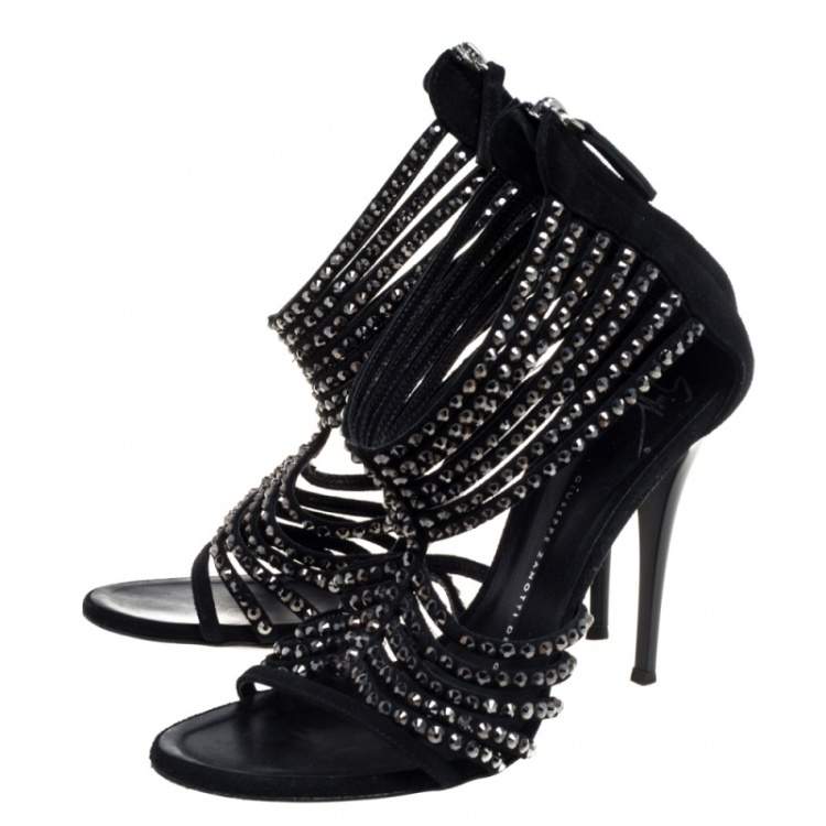 Pre Owned Giuseppe Zanotti Black Suede Embellished Strappy Sandals Size 38