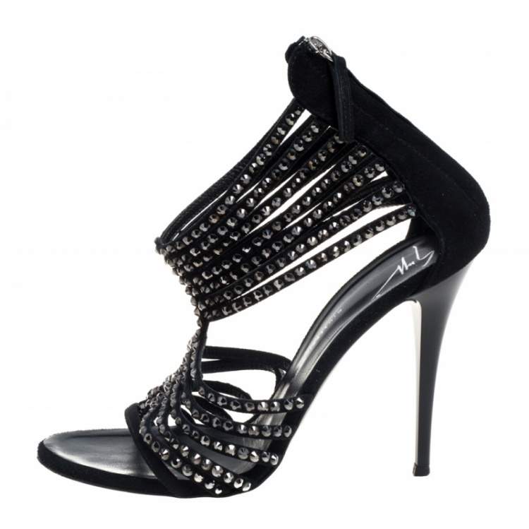 Pre Owned Giuseppe Zanotti Black Suede Embellished Strappy Sandals Size 38