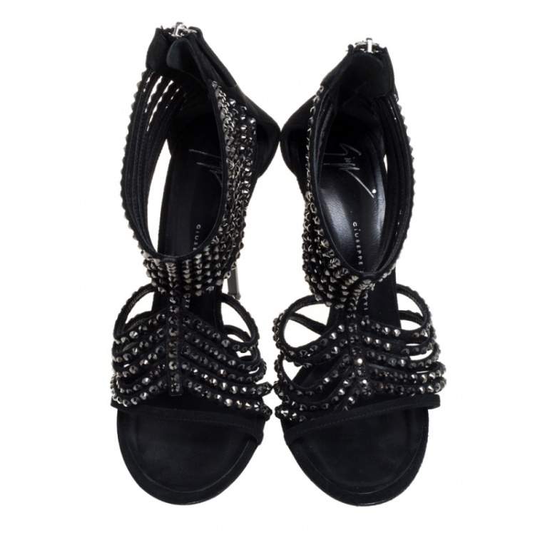 Pre Owned Giuseppe Zanotti Black Suede Embellished Strappy Sandals Size 38