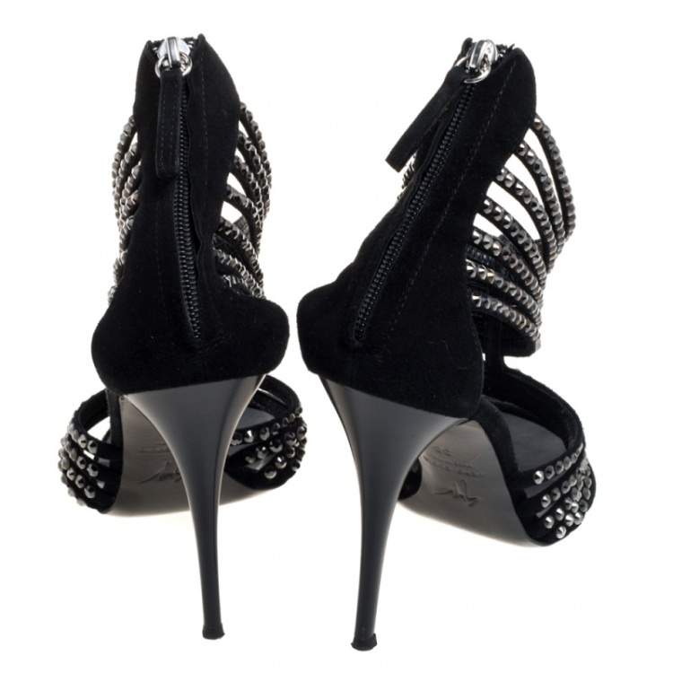 Pre Owned Giuseppe Zanotti Black Suede Embellished Strappy Sandals Size 38