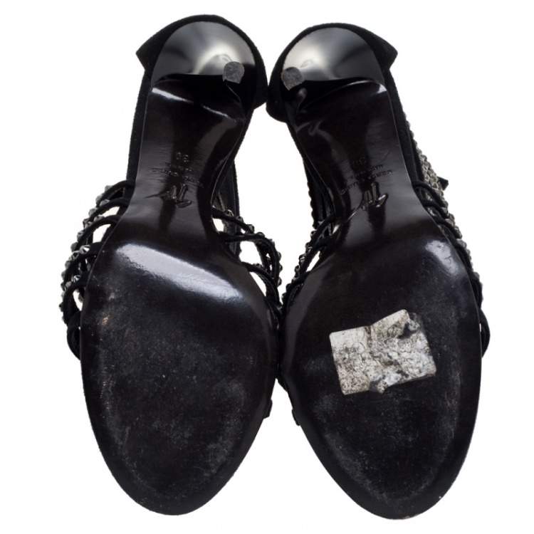 Pre Owned Giuseppe Zanotti Black Suede Embellished Strappy Sandals Size 38