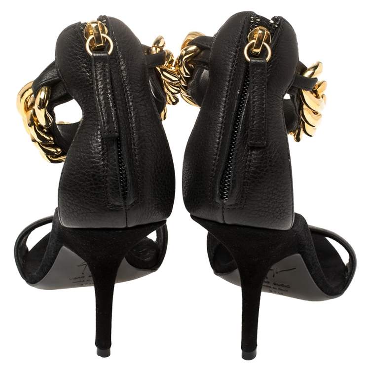 Pre Owned Giuseppe Zanotti Black Leather Chain Strap Sandals Size 37.5