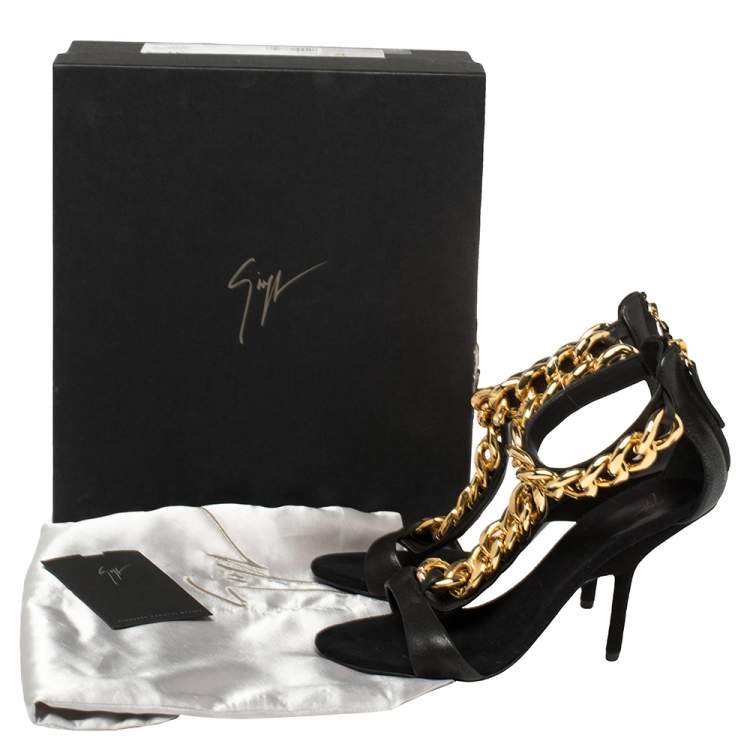 Pre Owned Giuseppe Zanotti Black Leather Chain Strap Sandals Size 37.5