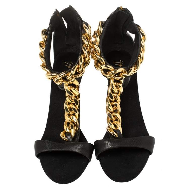 Pre Owned Giuseppe Zanotti Black Leather Chain Strap Sandals Size 37.5