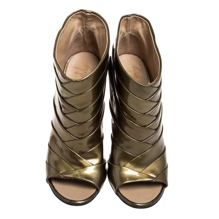 Pre Owned Giuseppe Zanotti Olive Green Patent Leather Ankle Boots Size 36