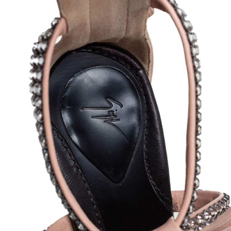 Pre Owned Giuseppe Zanotti Beige Leather Crystal Embellished Bow Detail Sandals Size 37.5