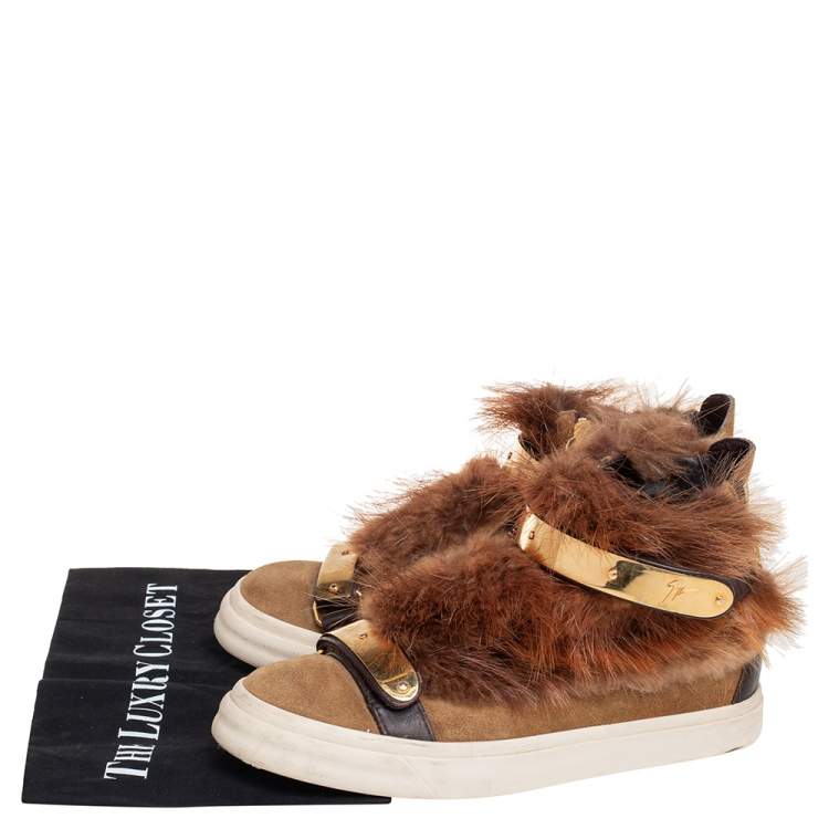 Pre Owned Giuseppe Zanotti Beige Suede And Fur Trim High Top Sneakers Size 38