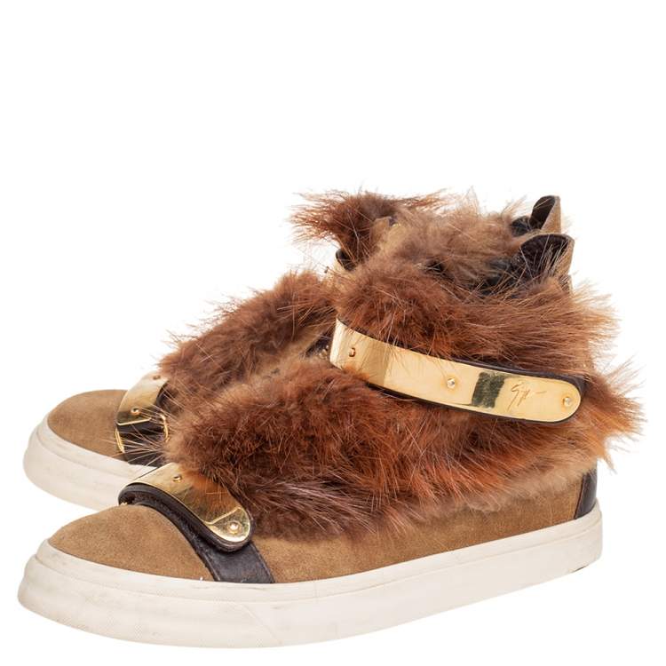 Pre Owned Giuseppe Zanotti Beige Suede And Fur Trim High Top Sneakers Size 38