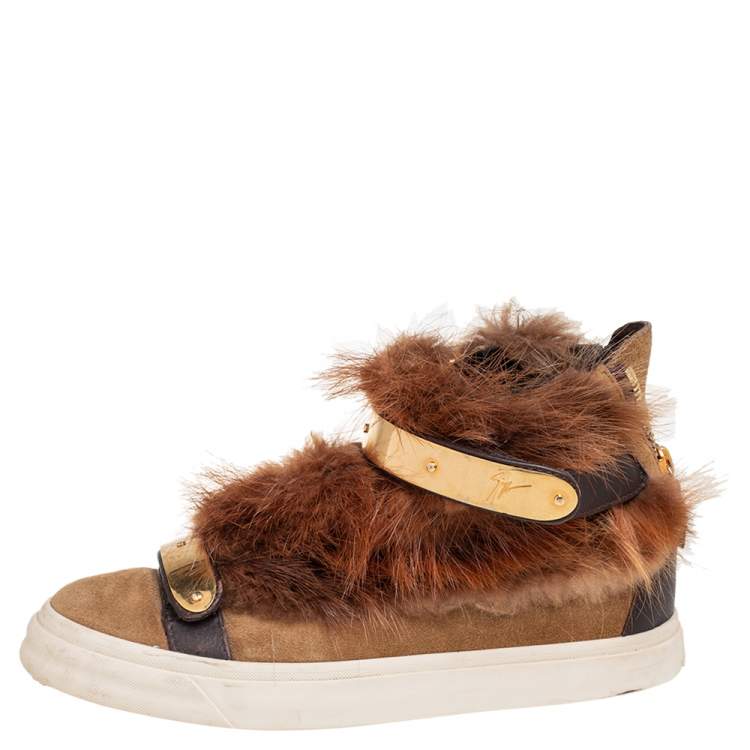Pre Owned Giuseppe Zanotti Beige Suede And Fur Trim High Top Sneakers Size 38