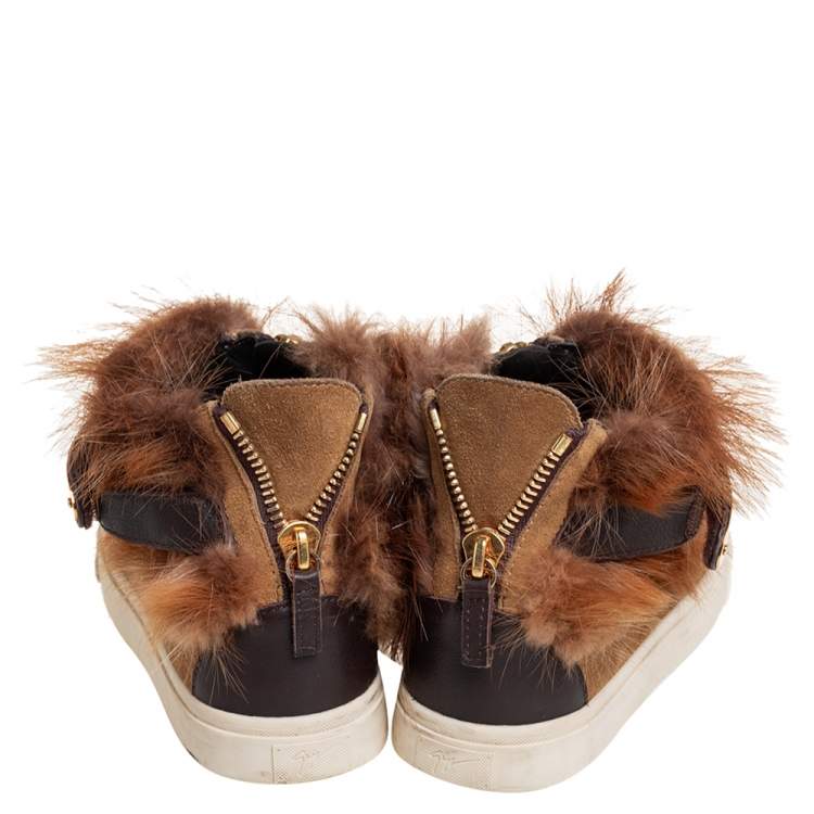 Pre Owned Giuseppe Zanotti Beige Suede And Fur Trim High Top Sneakers Size 38