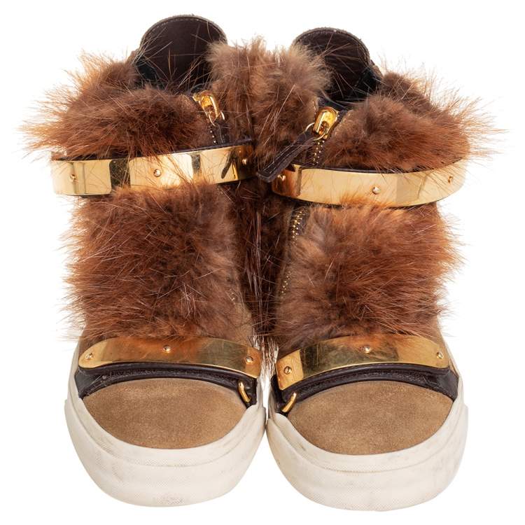 Pre Owned Giuseppe Zanotti Beige Suede And Fur Trim High Top Sneakers Size 38
