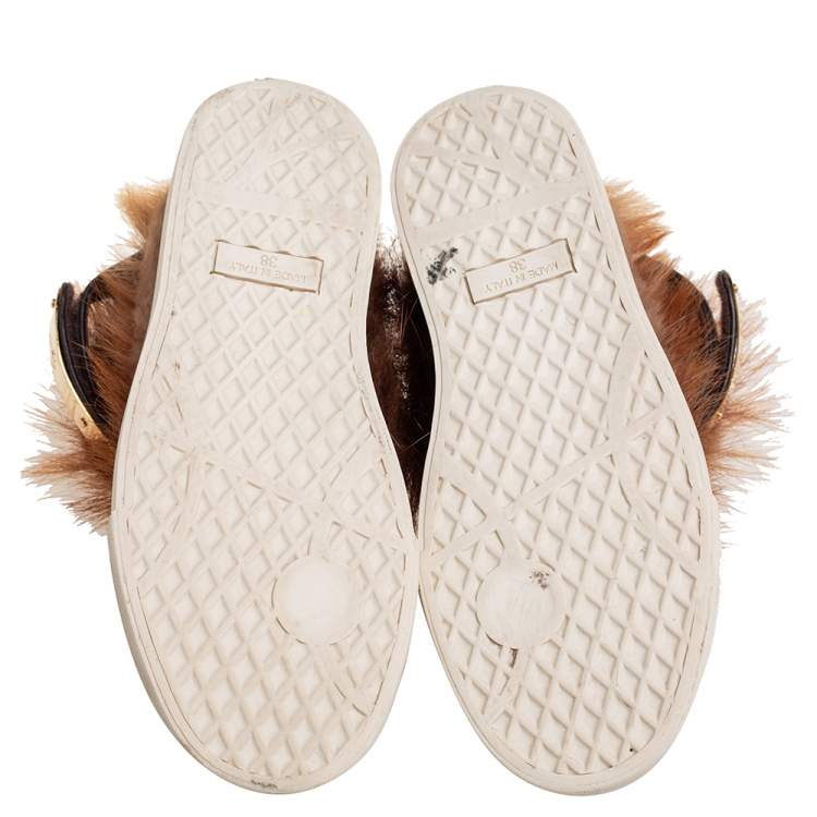 Pre Owned Giuseppe Zanotti Beige Suede And Fur Trim High Top Sneakers Size 38
