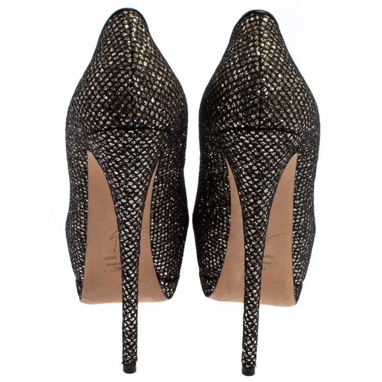 Pre Owned Giuseppe Zanotti Gold/Black Glitter And Mesh Sharon Pumps Size 38.5