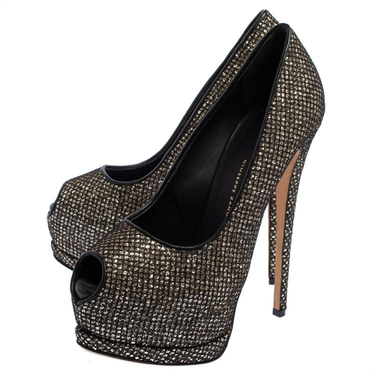 Pre Owned Giuseppe Zanotti Gold/Black Glitter And Mesh Sharon Pumps Size 38.5