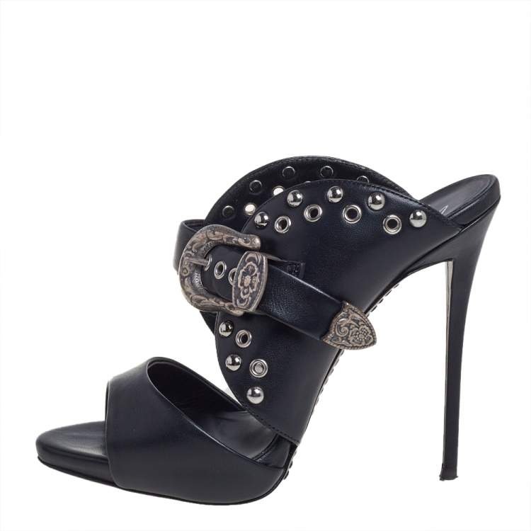 Pre Owned Giuseppe Zanotti Black Leather Coline Western Buckle Stud Mule Sandals Size 37