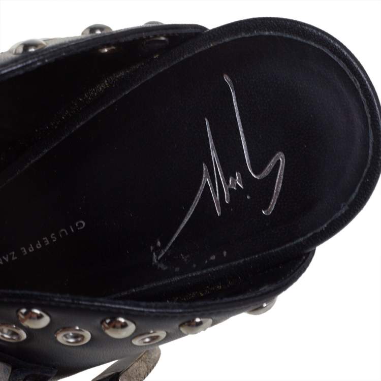 Pre Owned Giuseppe Zanotti Black Leather Coline Western Buckle Stud Mule Sandals Size 37