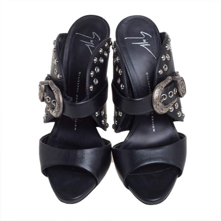 Pre Owned Giuseppe Zanotti Black Leather Coline Western Buckle Stud Mule Sandals Size 37