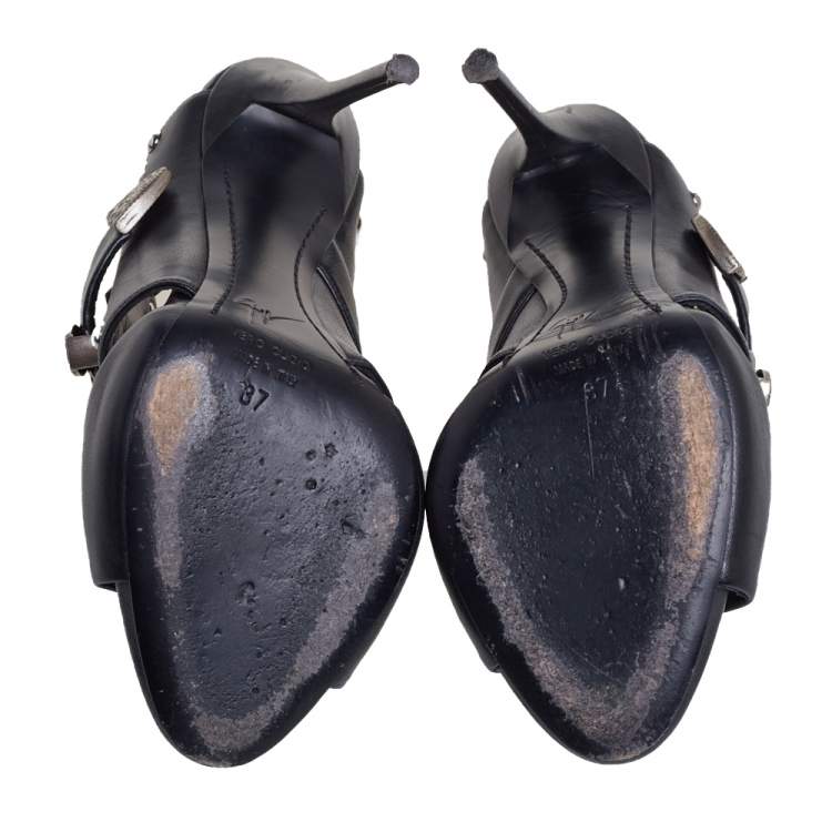 Pre Owned Giuseppe Zanotti Black Leather Coline Western Buckle Stud Mule Sandals Size 37