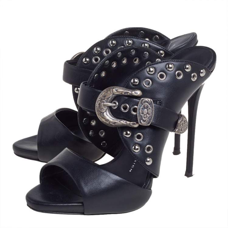 Pre Owned Giuseppe Zanotti Black Leather Coline Western Buckle Stud Mule Sandals Size 37