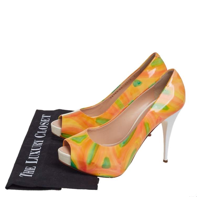 Pre Owned Giuseppe Zanotti Multicolor Patent Leather Platform Peep Toe Pumps Size 36