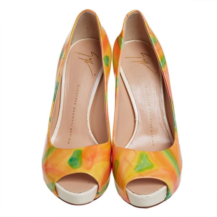 Pre Owned Giuseppe Zanotti Multicolor Patent Leather Platform Peep Toe Pumps Size 36