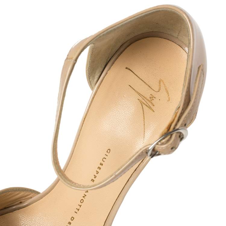 Pre Owned Giuseppe Zanoti Beige Patent Leather Peep Toe Platform Wedge Ankle Strap Sandals Size 37