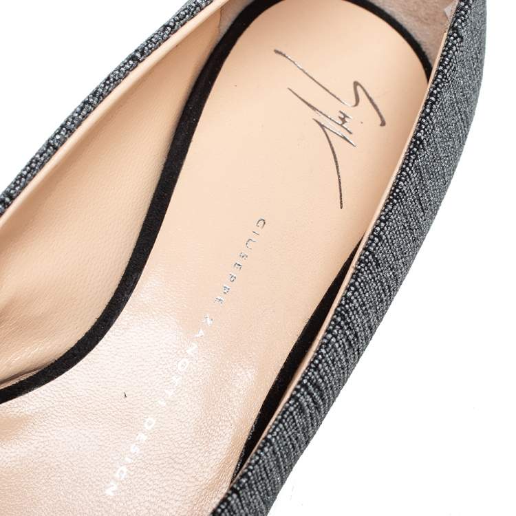Pre Owned Giuseppe Zanotti Metallic Grey Glitter Fabric Wedge Peep Toe Pumps Size 39.5