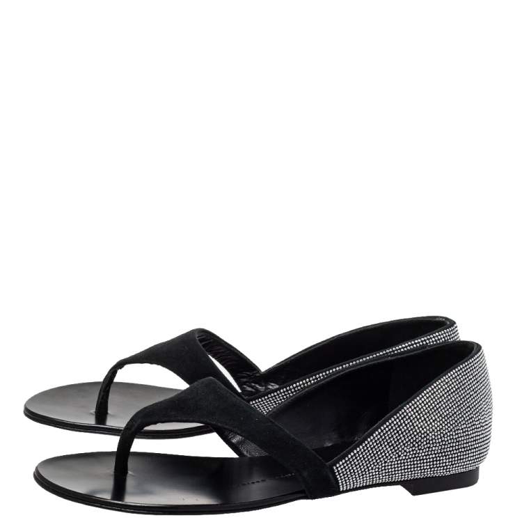 Pre Owned Giuseppe Zanotti Black Suede Crystal Embellished Flat Thong Sandals Size 37