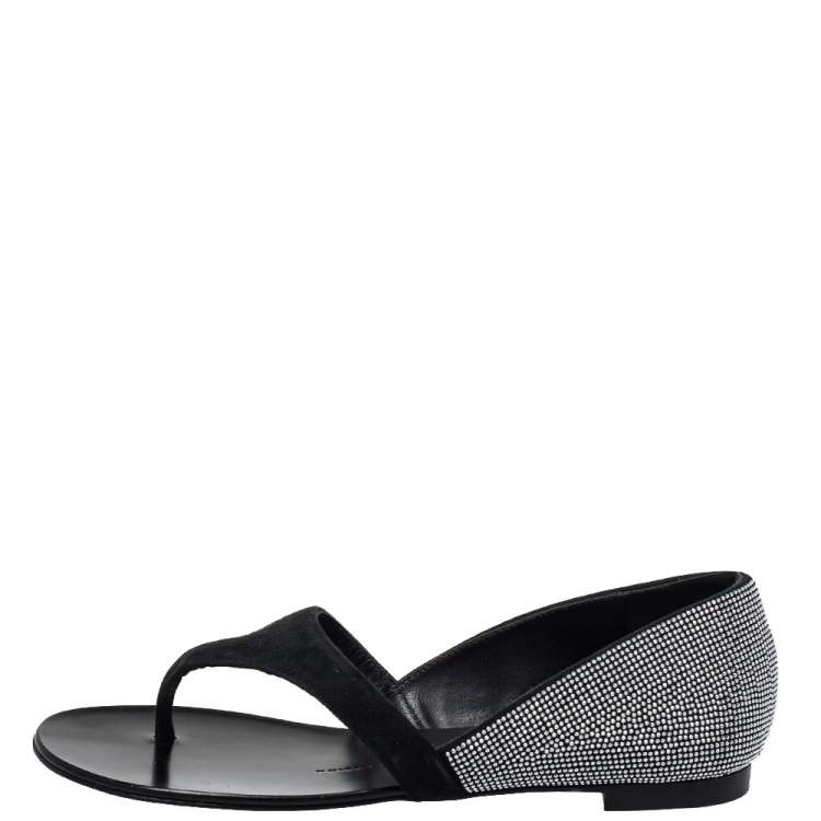 Pre Owned Giuseppe Zanotti Black Suede Crystal Embellished Flat Thong Sandals Size 37