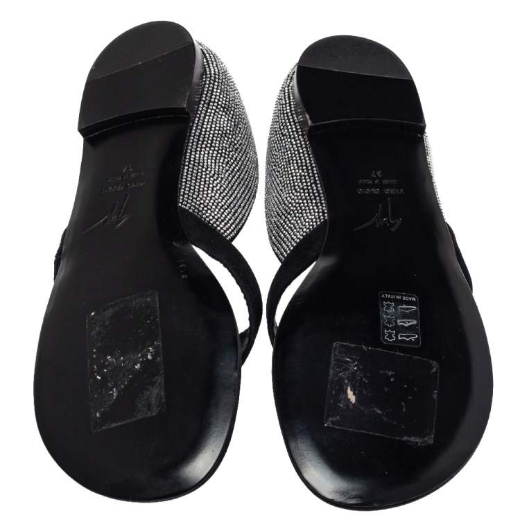 Pre Owned Giuseppe Zanotti Black Suede Crystal Embellished Flat Thong Sandals Size 37