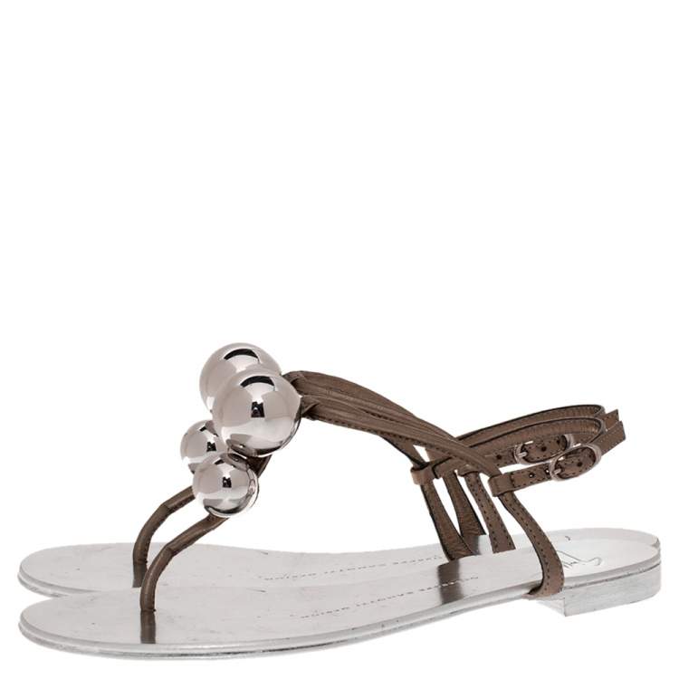 Pre Owned Giuseppe Zanotti Grey Leather Embellished Flat Ankle Strap Sandals Size 36