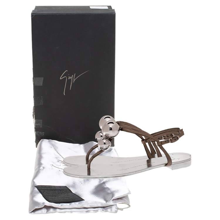 Pre Owned Giuseppe Zanotti Grey Leather Embellished Flat Ankle Strap Sandals Size 36