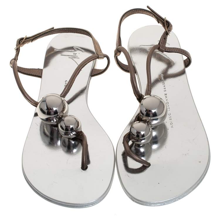 Pre Owned Giuseppe Zanotti Grey Leather Embellished Flat Ankle Strap Sandals Size 36