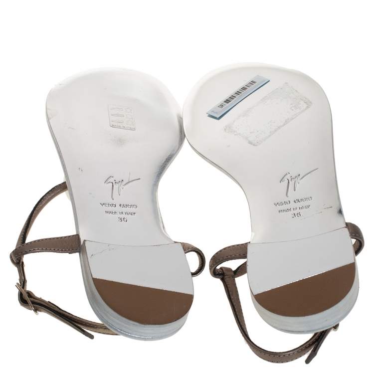 Pre Owned Giuseppe Zanotti Grey Leather Embellished Flat Ankle Strap Sandals Size 36