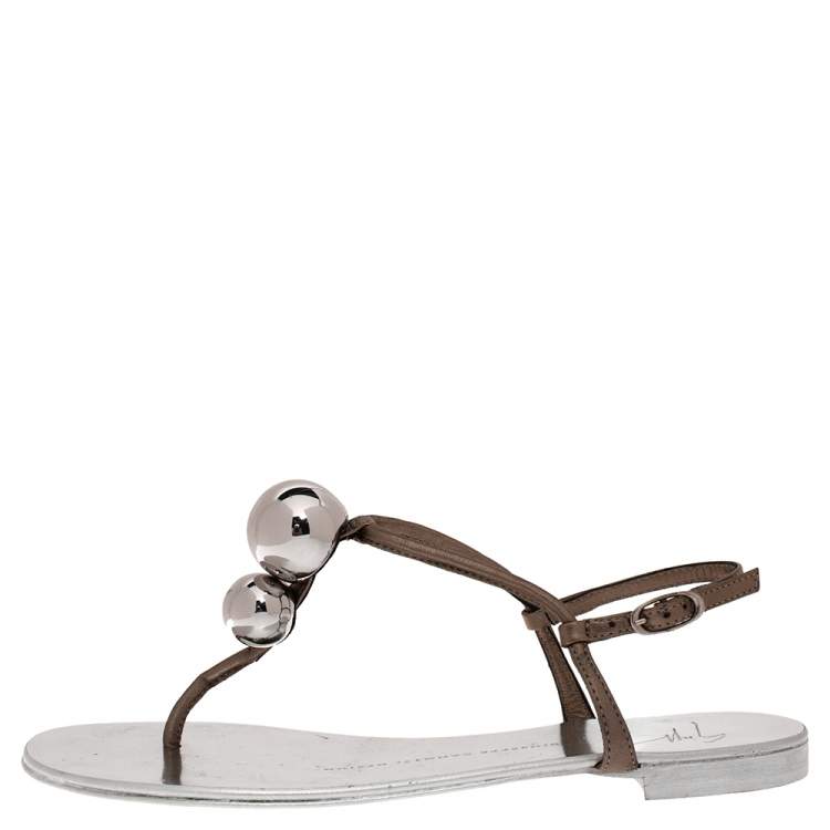 Pre Owned Giuseppe Zanotti Grey Leather Embellished Flat Ankle Strap Sandals Size 36