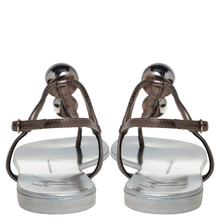 Pre Owned Giuseppe Zanotti Grey Leather Embellished Flat Ankle Strap Sandals Size 36