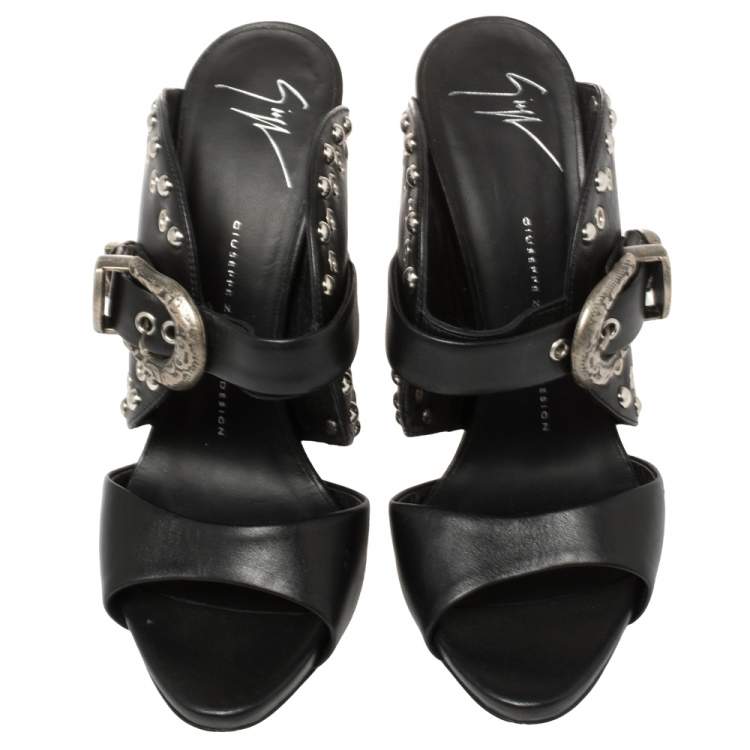 Pre Owned Giuseppe Zanotti Black Leather Studded Buckle Slide Sandals Size 38.5