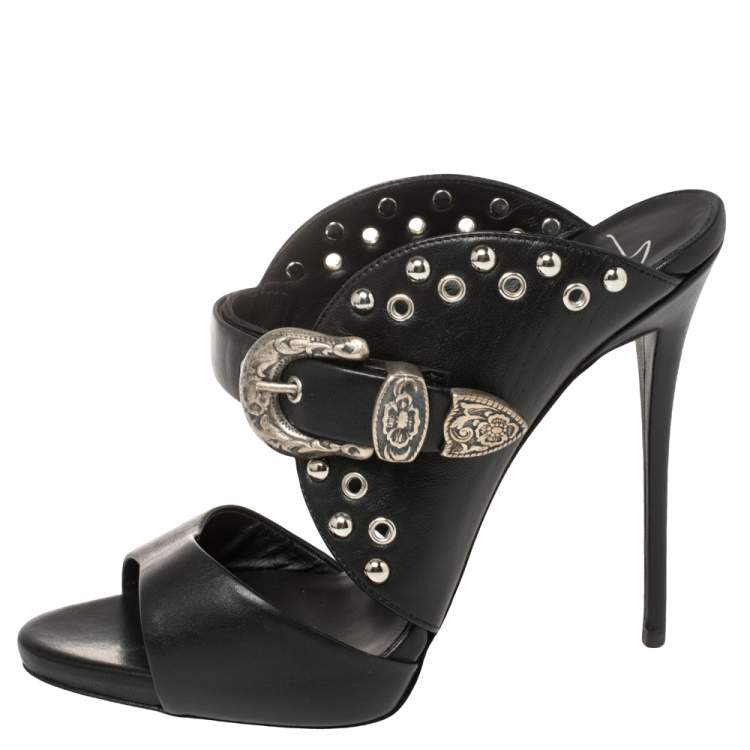 Pre Owned Giuseppe Zanotti Black Leather Studded Buckle Slide Sandals Size 38.5