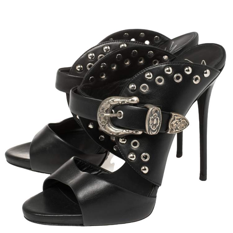 Pre Owned Giuseppe Zanotti Black Leather Studded Buckle Slide Sandals Size 38.5