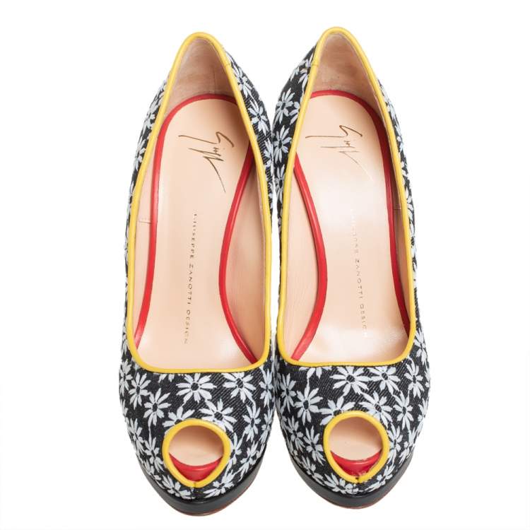 Pre Owned Giuseppe Zanotti Floral Print Fabric And Leather Platform Pumps Size 38