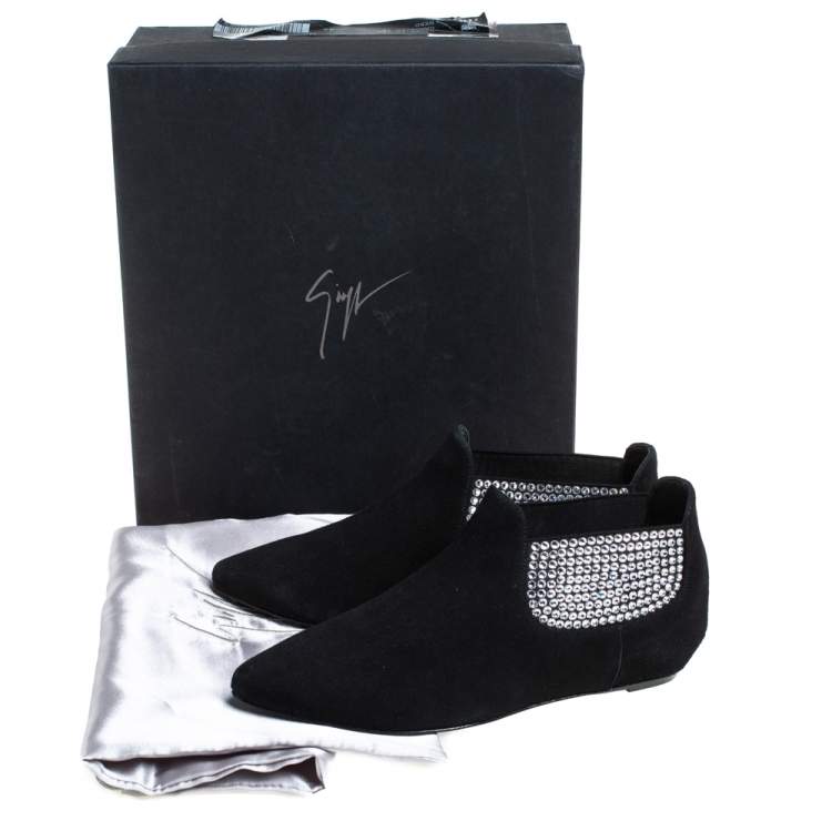 Pre Owned Giuseppe Zanotti Black Suede Embellished Flat Booties Size 36