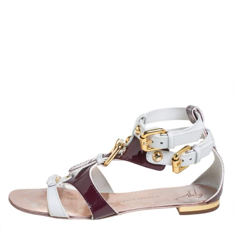 Pre Owned Giuseppe Zanotti White/Burgundy Patent Leather And Leather Flat Strappy Sandals Size 36