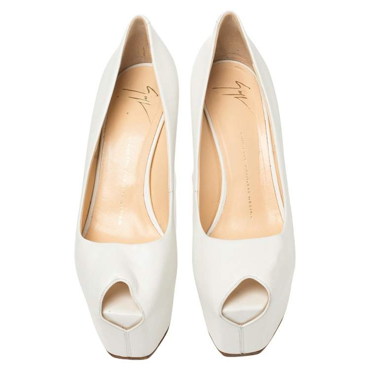Pre Owned Giuseppe Zanotti White Leather Liza Peep Toe Platform Pumps Size 38.5