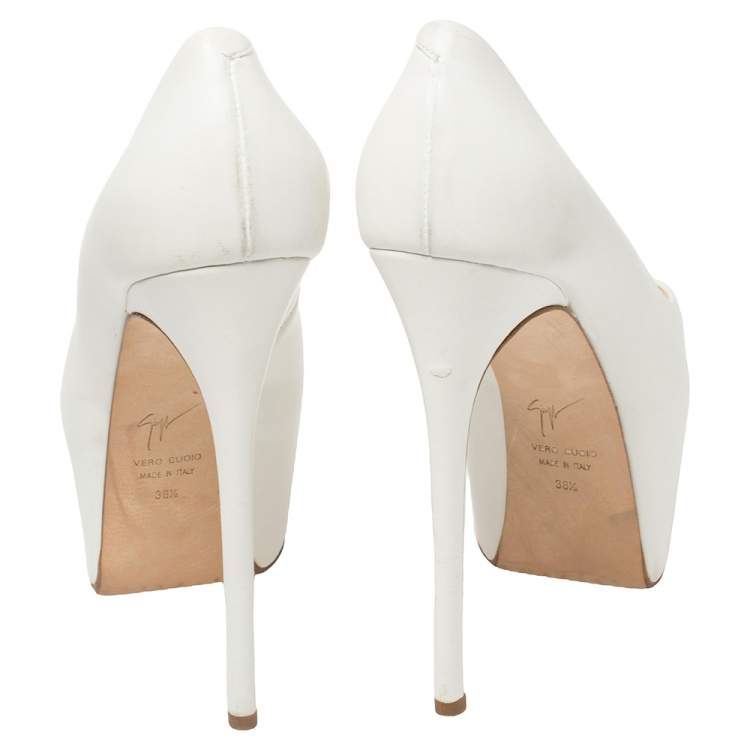 Pre Owned Giuseppe Zanotti White Leather Liza Peep Toe Platform Pumps Size 38.5