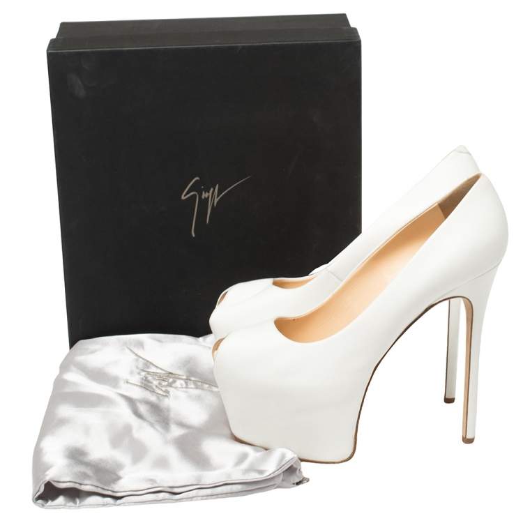 Pre Owned Giuseppe Zanotti White Leather Liza Peep Toe Platform Pumps Size 38.5