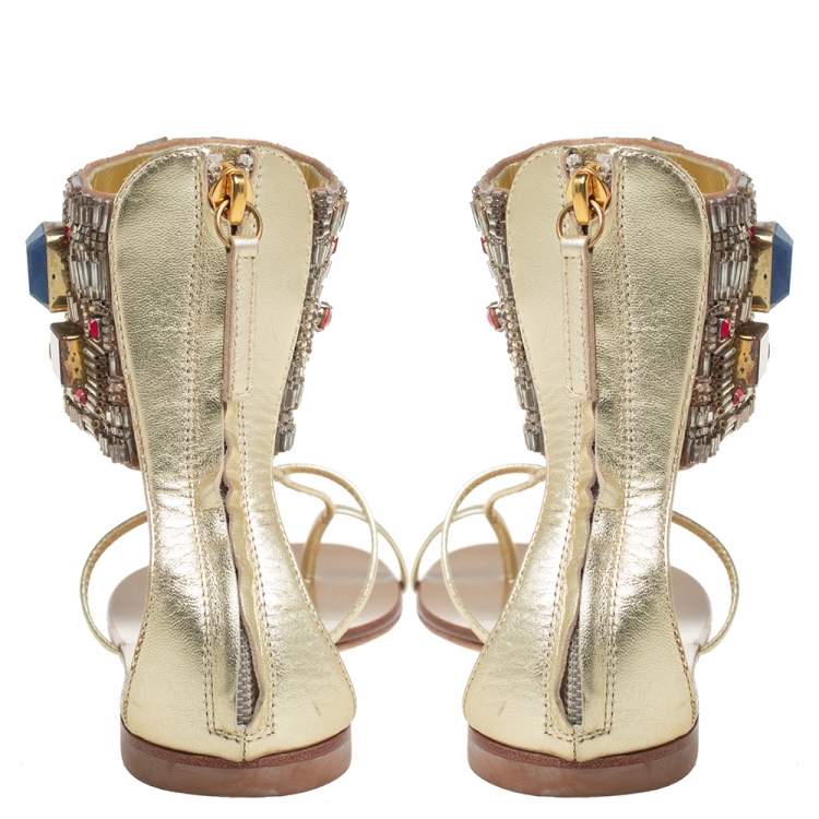 Pre Owned Giuseppe Zanotti Gold Leather Crystal Embellished Ankle Cuff Flat Sandals Size 36