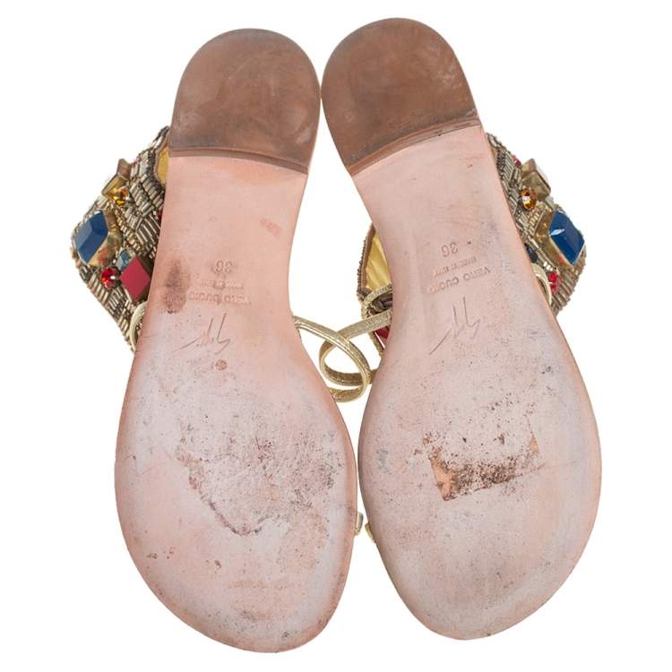 Pre Owned Giuseppe Zanotti Gold Leather Crystal Embellished Ankle Cuff Flat Sandals Size 36